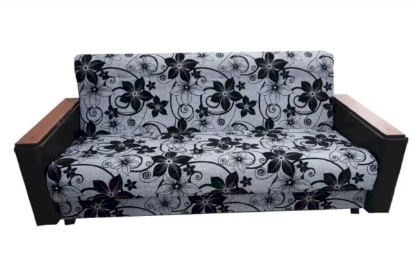 Серый диван-книжка из рогожки Цветы с МДФ накладками